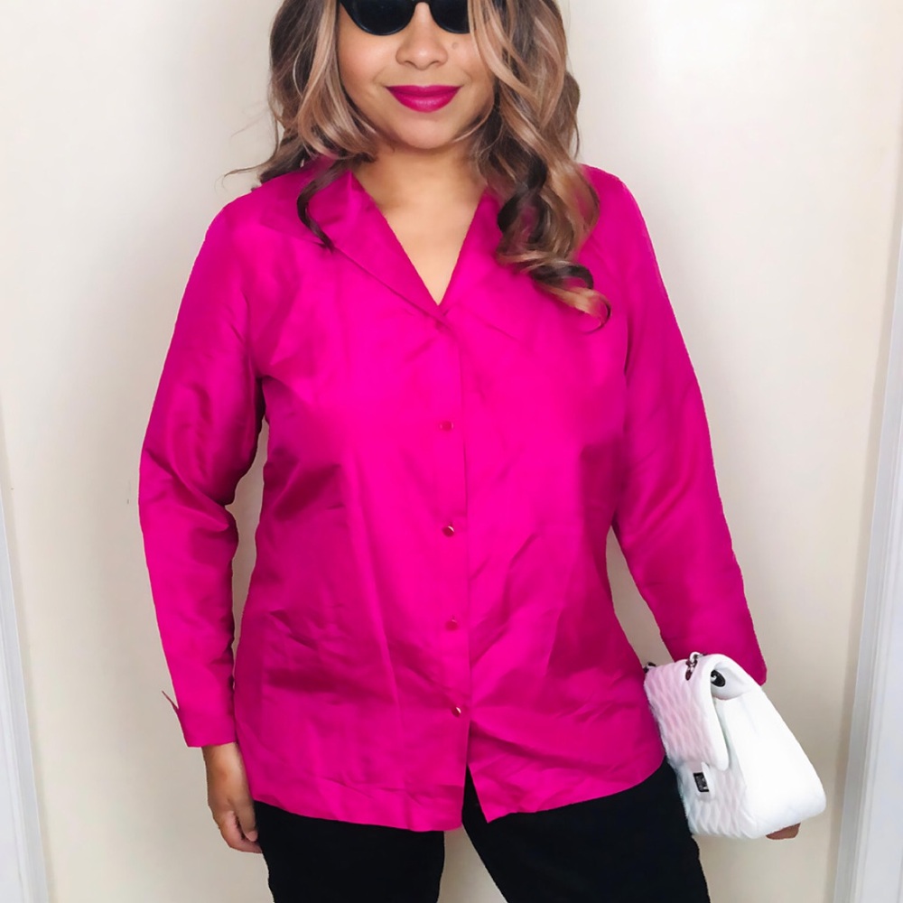 SALE 🔥 Talbots Dupioni Silk Button Down Vibrant Fuschia Pink Plus Z Long Slv 16